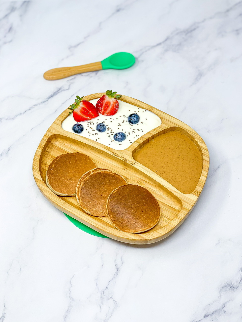 BLW BANANA PANCAKES • EGG FREE on toddle bamboo funny plate from ecorascals