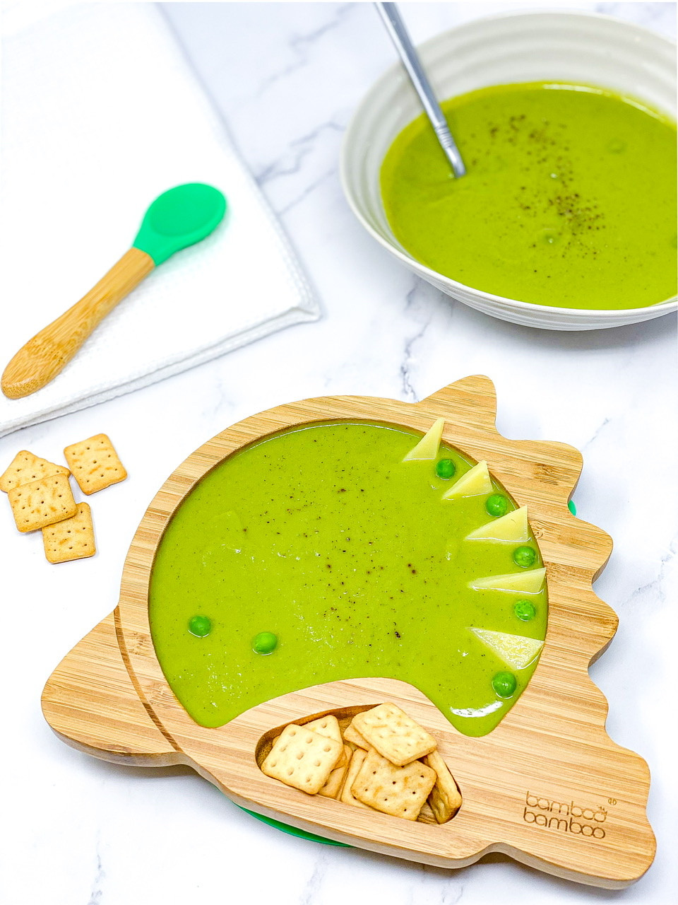 EASY PEAS & COURGETTES SOUP in bamboo bamboo plate dinosaur plate