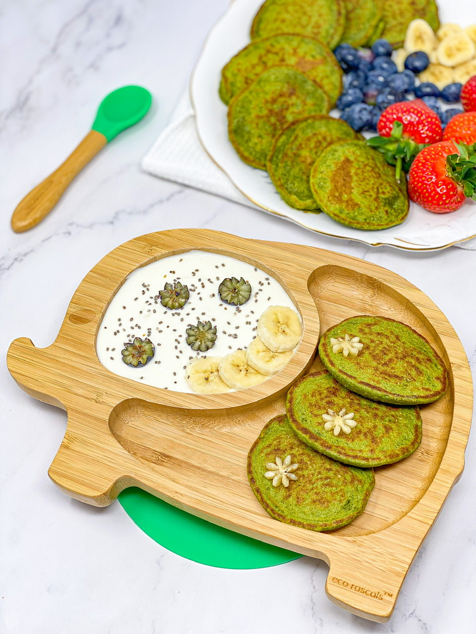 BABY SPINACH BANANA PANCAKES in bamboo plate
