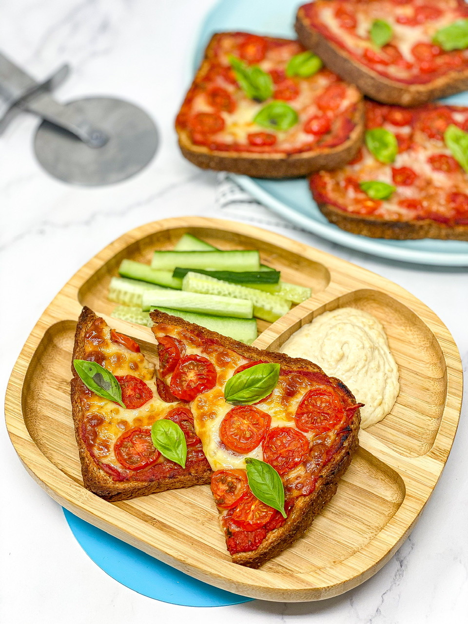 LAZY PIZZA TOAST on bamboo plate from ecorascals