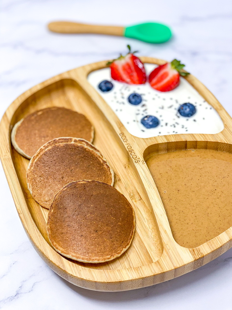 BLW BANANA PANCAKES • EGG FREE on toddle bamboo funny plate from ecorascals