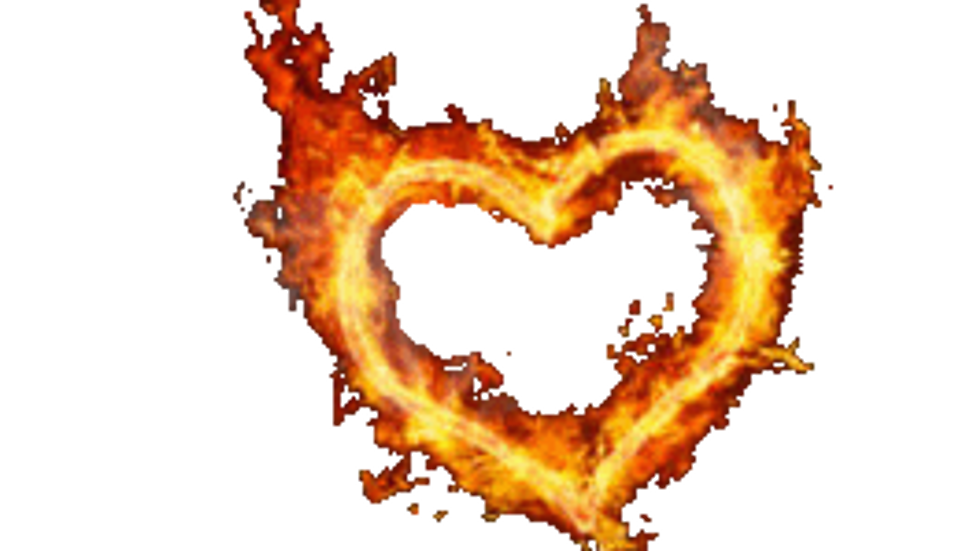 Fiery heart-shaped flame glowing orange and yellow on a plain white background, evoking love and intensity