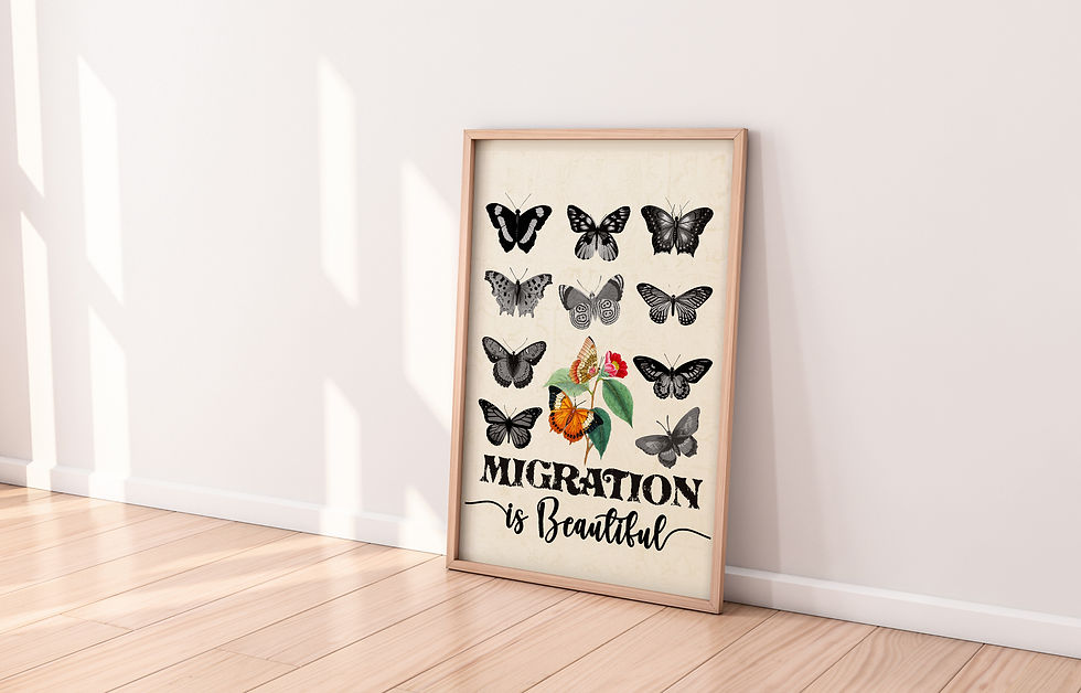 Thumbnail: Migration is Beautiful art print displayed in a modern boho-style home office, showcasing immigrant empowerment