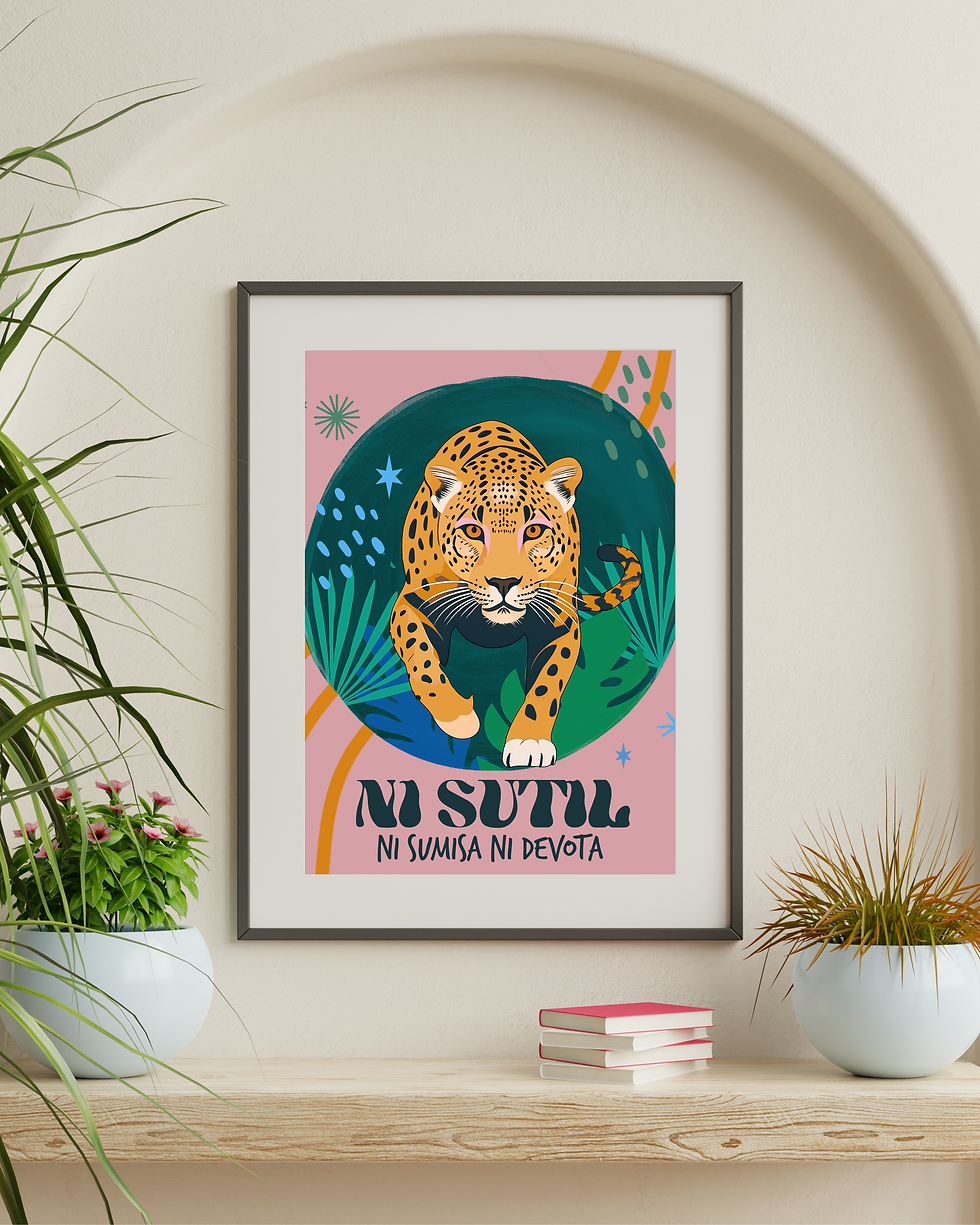Close-up of Ni Sutil Ni Sumisa Ni Devota phrase with trendy cheetah illustration