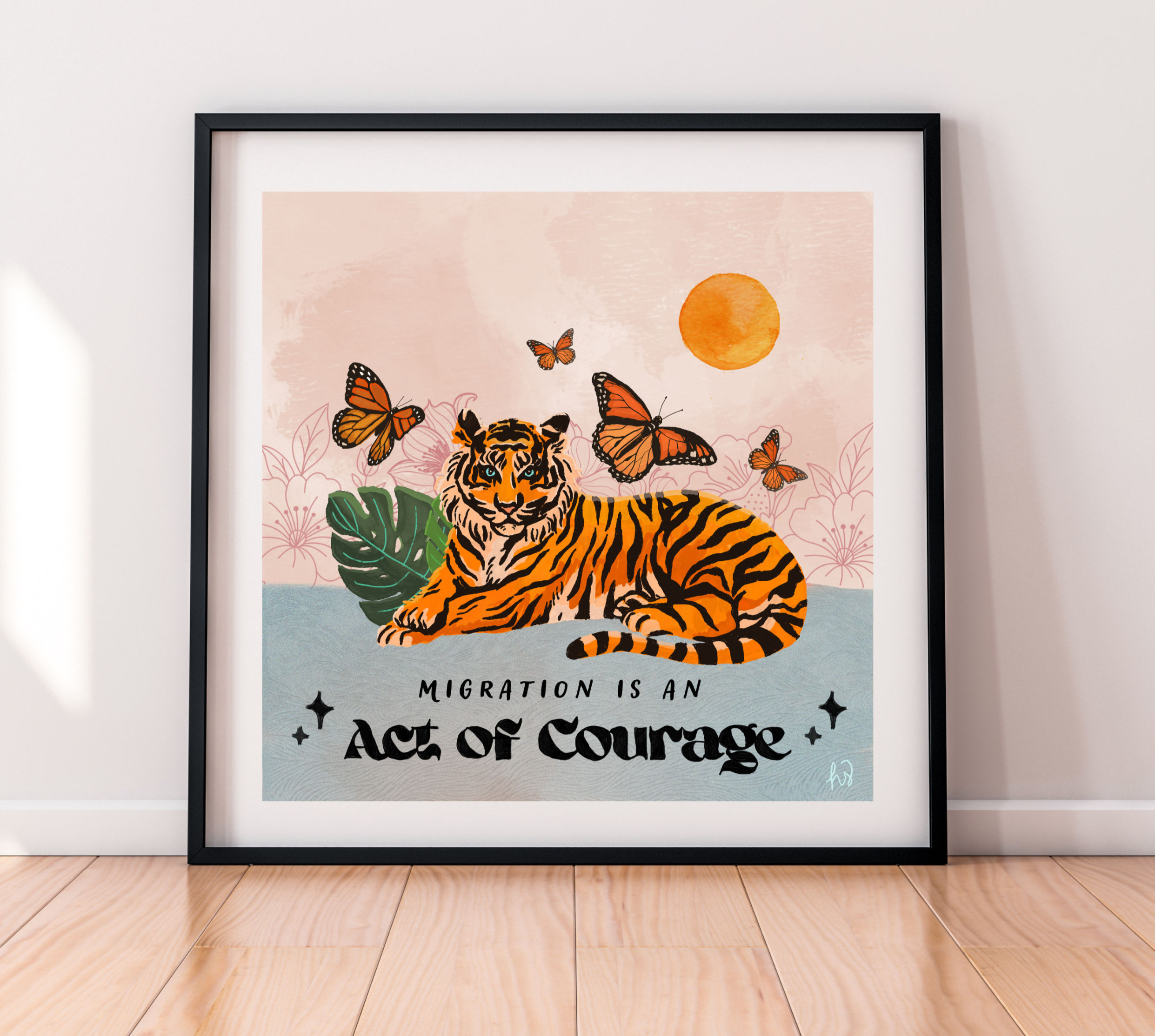 Migration Is an Act of Courage art print with tigress, monarch butterflies, and burnt orange sun