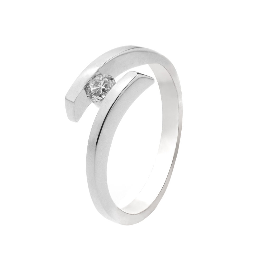 Solitario Oro Blanco Brazo Cruzado y Diamante