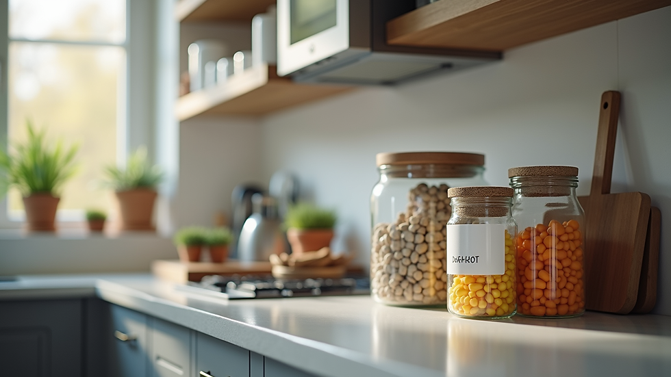 Close-up view of a kitchen counter with organized containers and labels