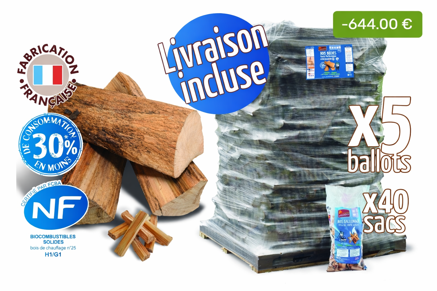 Bois de chauffage – Bûches 40 cm, 8.30m³, 11.25 stères + 40 sacs bois d’allumage