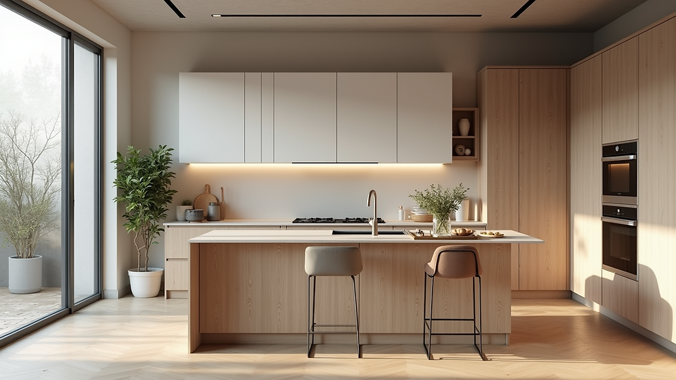 Wide angle view of a kitchen with modern appliances and island