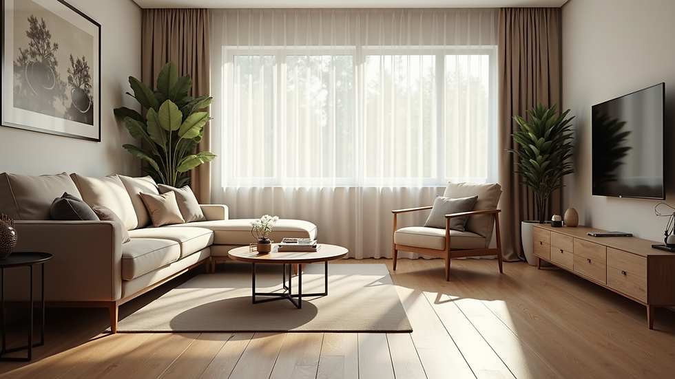 Eye-level view of a modern living room with natural light