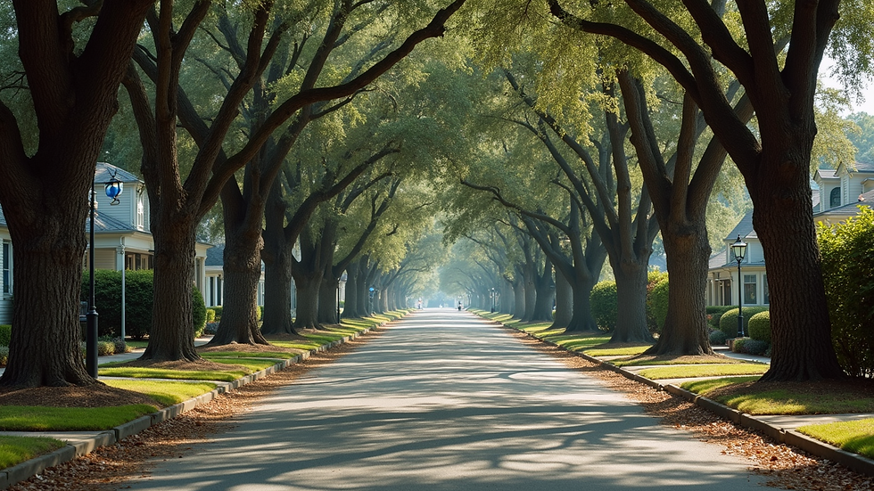 High angle view of a tree-lined street in a historic Jacksonville neighborhood