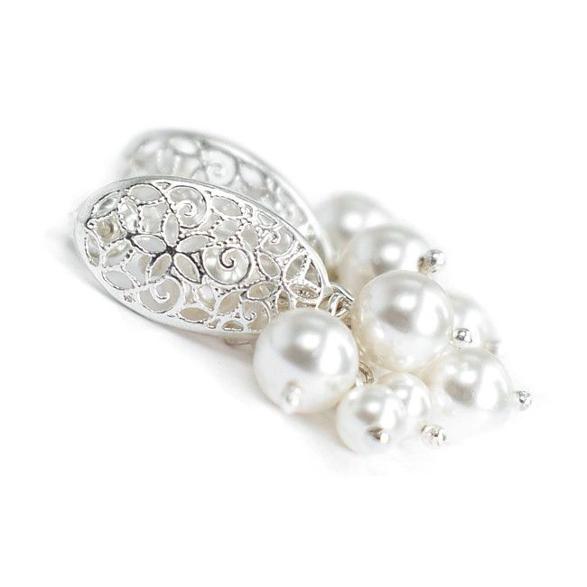 Thumbnail: LILY Vintage Style Swarovski White Pearl Silver Earrings
