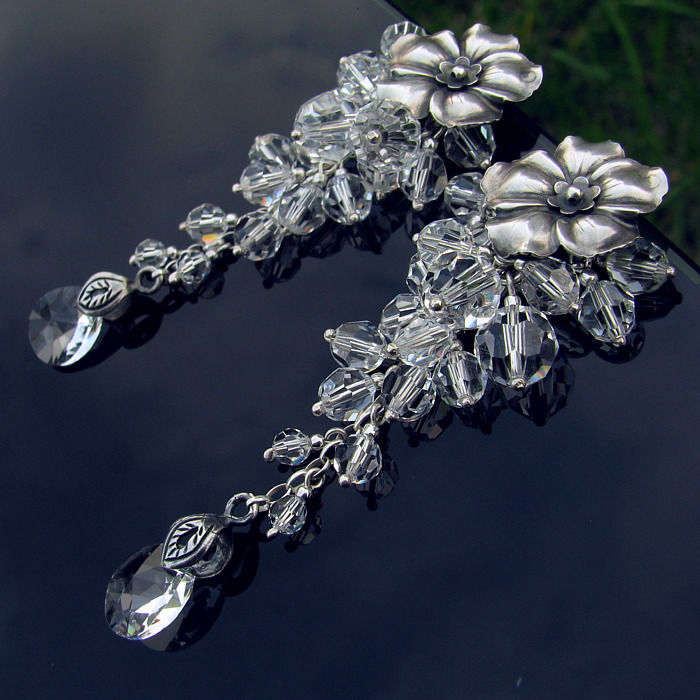 Miniatura: ROSELLA FLOW Crystal Swarovski Oxidized Silver Long Earrings