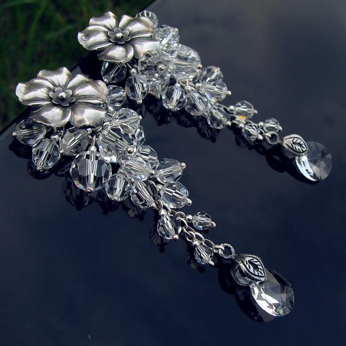 Miniatura: ROSELLA FLOW Crystal Swarovski Oxidized Silver Long Earrings