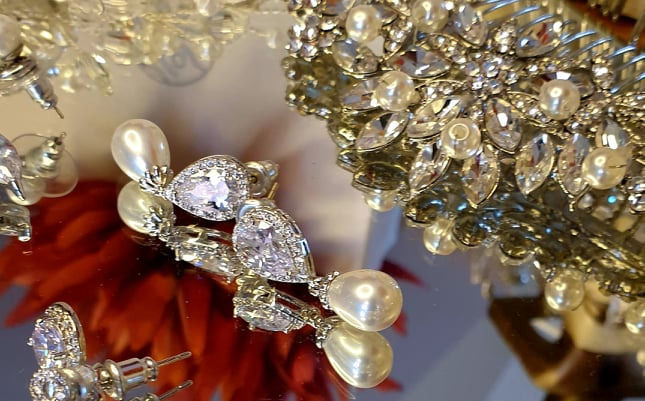 Thumbnail: ASU Teardrop Pearl Crystal Earrings