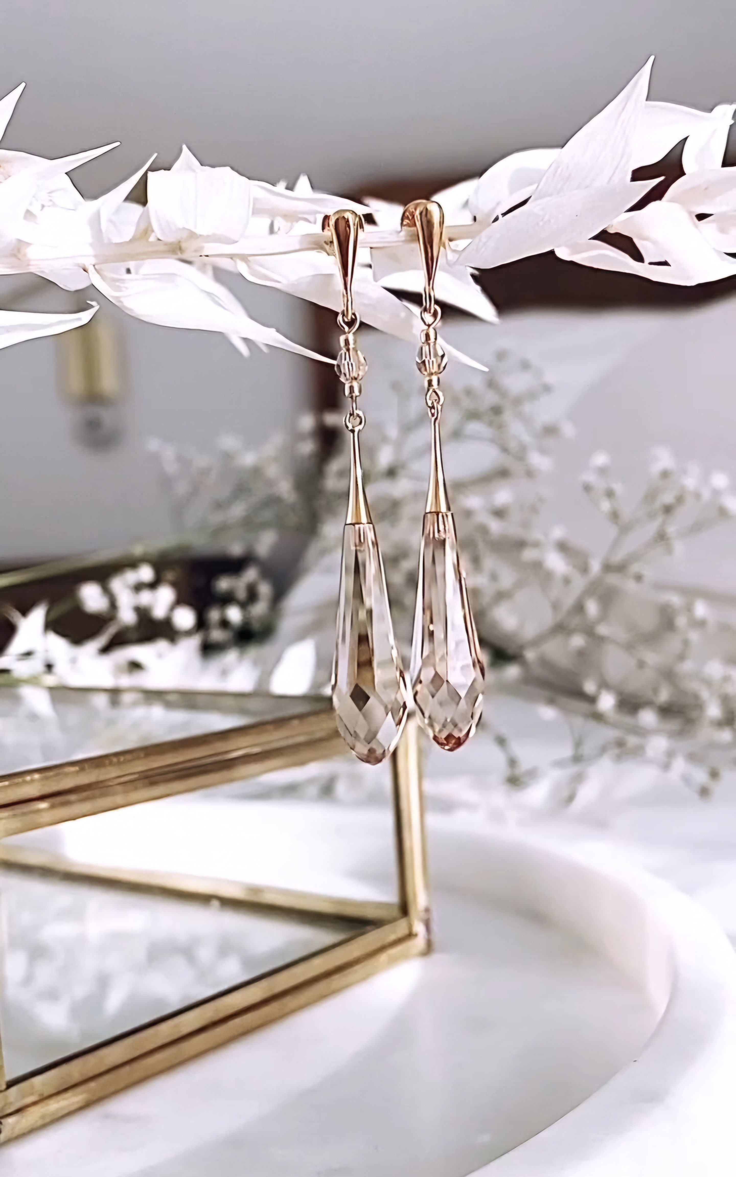 GRACE Golden-Shadow Swarovski Long Drop Crystal Earrings