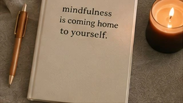 Journal beside a candle with a mindfulness reminder