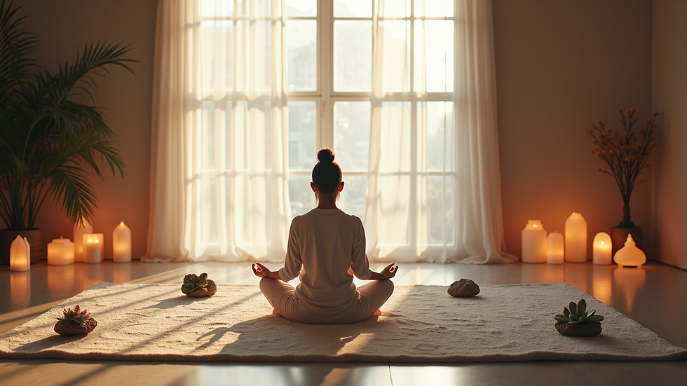 High angle view of a meditation space adorned with crystals