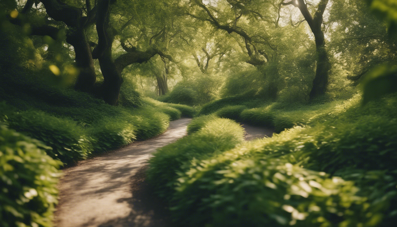a path through a lush green forest with trees and bushes
