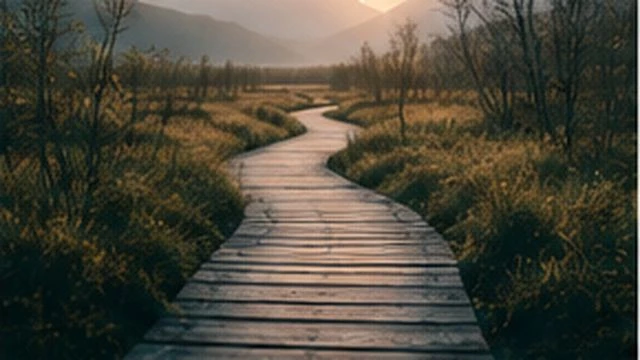 Wooden path leading through a quiet mountain landscape