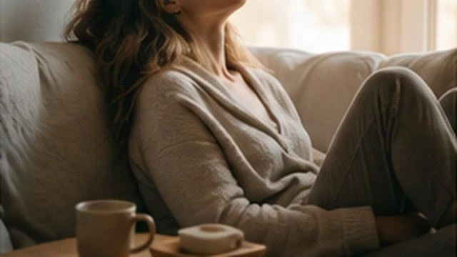 Person resting on a couch beside a warm drink