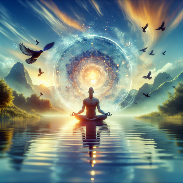 a man sits in a lotus position in the water with birds flying around him