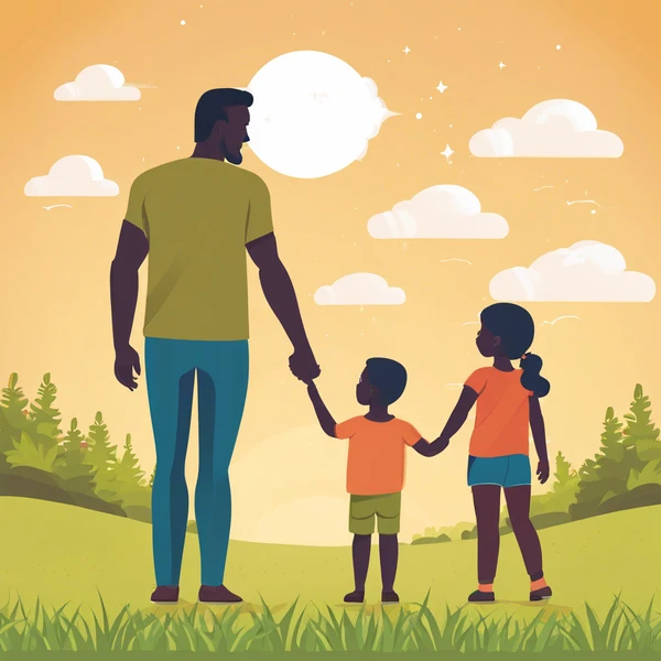 an illustration of a man and two children holding hands