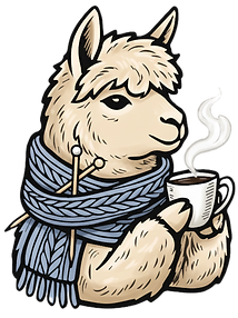 Ilustrație cu o alpaca purtând un fular tricotat albastru și bând o cană de cafea aburindă, logo Latteliér.