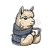 Color illustration of an alpaca with a coffee mug