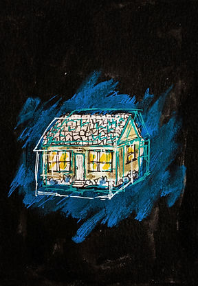 Featured image for music page link, EP cover showing illustrated house on black background.