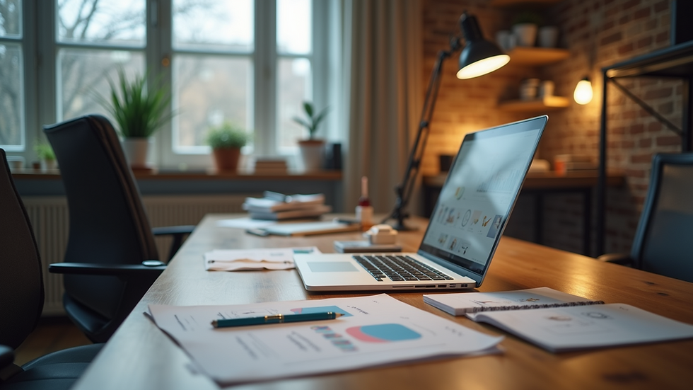 Eye-level view of a modern workspace with a laptop and design tools