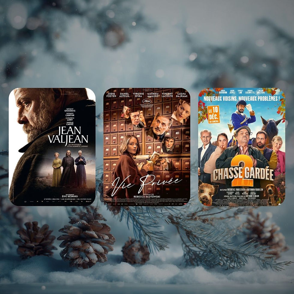 Montage photos des différentes affiches des films diffusées par le cinéma itinérant du Cher au mois de janvier 2026 : Jean Valjean, Vie Privée et Chasse gardée 2.