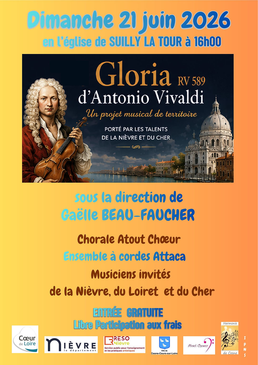 Dimanche 21 juin 2026 à l'église de Suilly La Tour à 16h00 - Gloria d'Antonio Vivaldi 