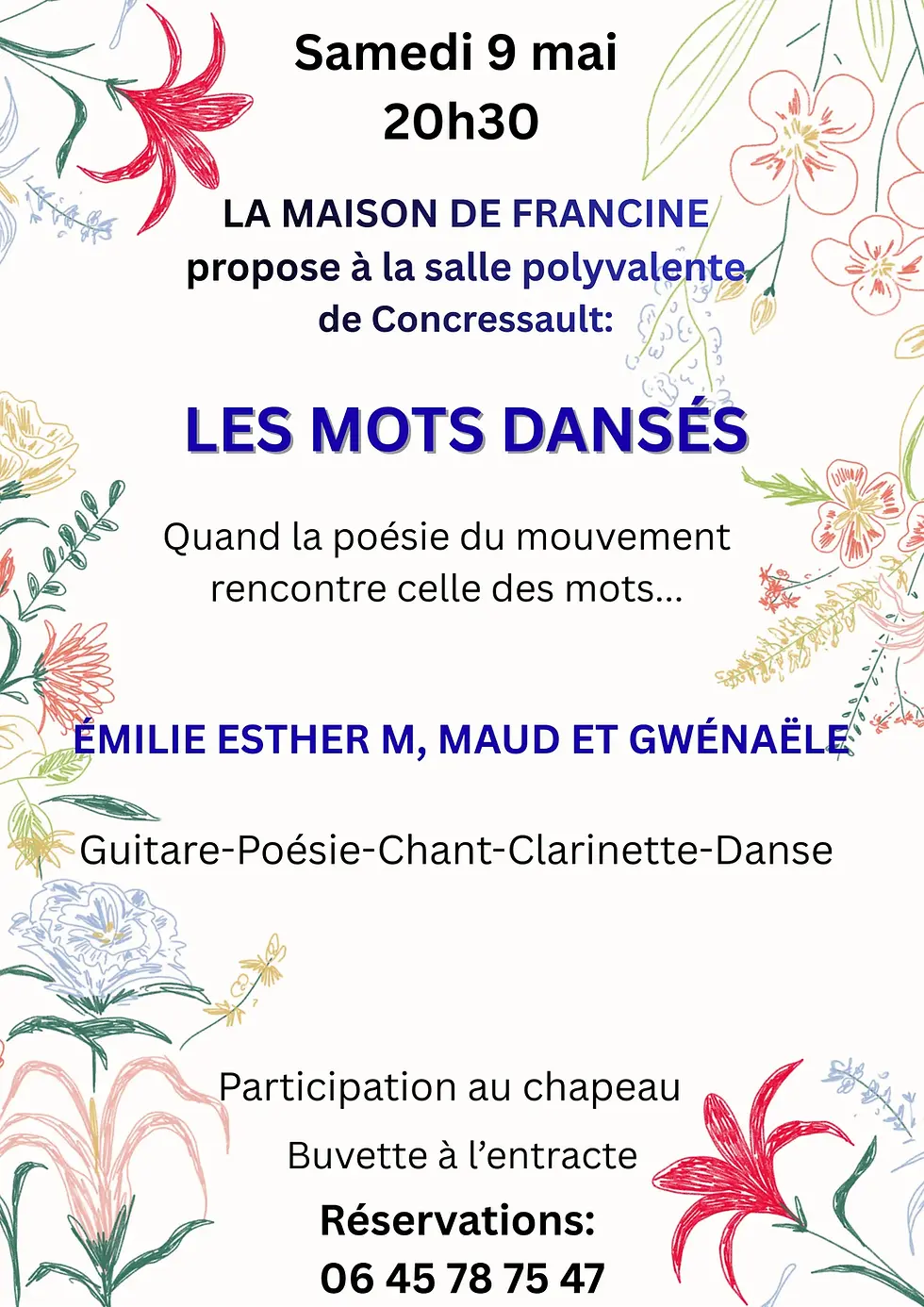 Les mots dansés à Concressqult - samedi 9 Mai 2026 à 20h30 à la Salle polyvalente de Concressault - la maison de Francine - Quand la poésie du mouvement rencontre celle des mots - participation au chapeau