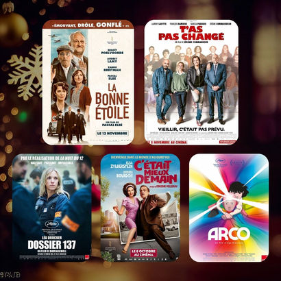 Montage photos des différentes affiches des films diffusées par le cinéma itinérant du Cher au mois de décembre 2025 : La Bonne étoile, Dossier 137, T’as Pas Changé, C’était mieux demain et Arco.