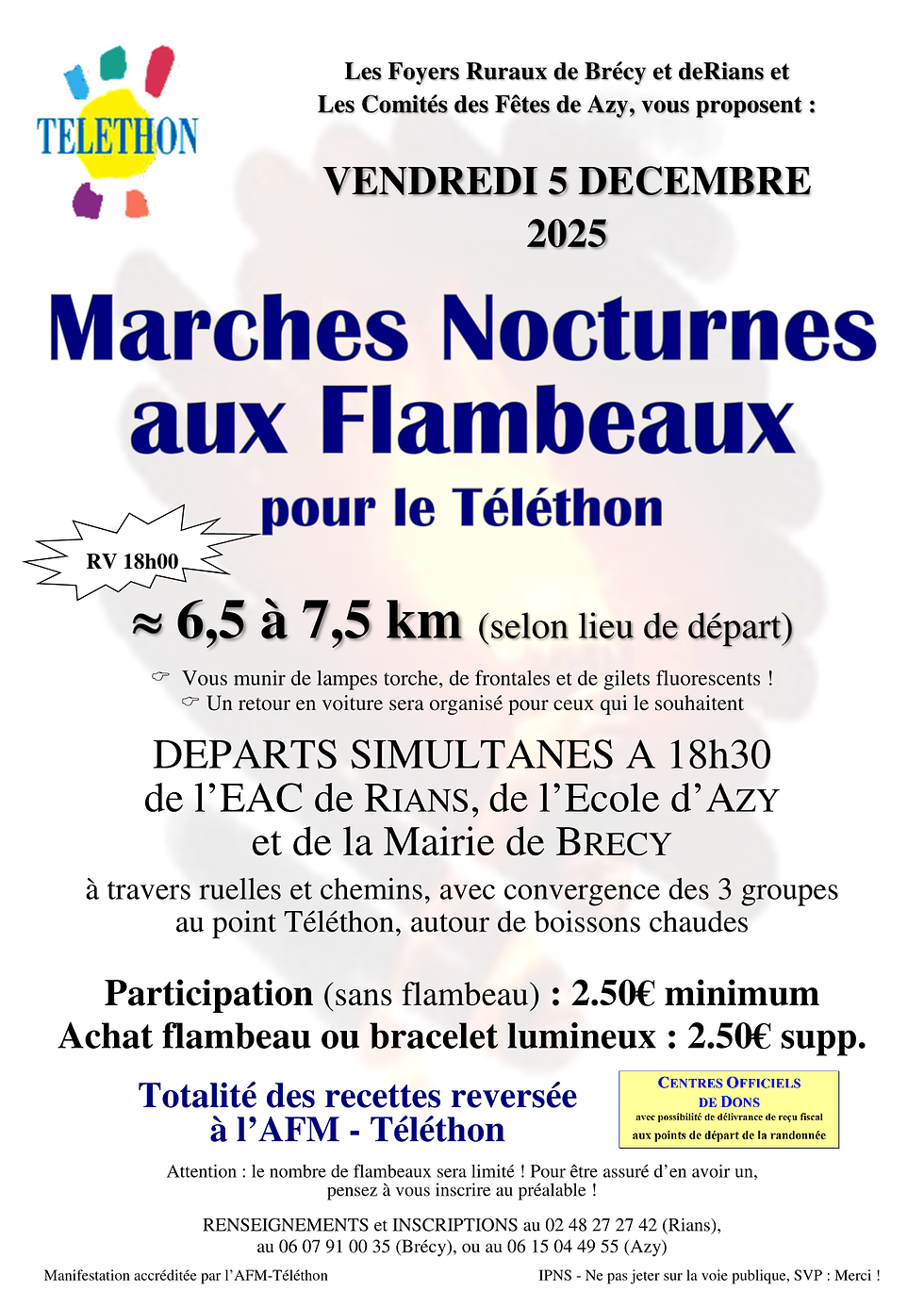 Marches nocturnes aux flambeaux pour le téléthon le vendredi 5 décembre 2025 avec les Foyers Ruraux de Brécy et de Rians et du comités des fêtes d'Azy. rdv 18h00