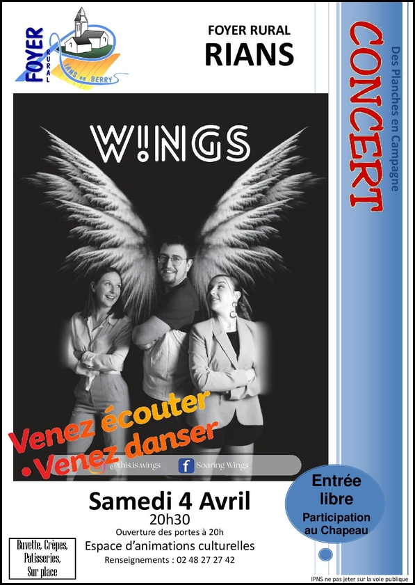 Concert WINGS à Rians - samedi 4 Avril 2026 foyer rural de Rians - entrée libre - participation au chapeau 