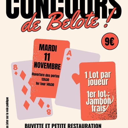 Affiche concours de belote à Vesdun salle Jean Marie Dumontet organisé par le foyer rural de Vesdun. le mardi 11 novembre 2025