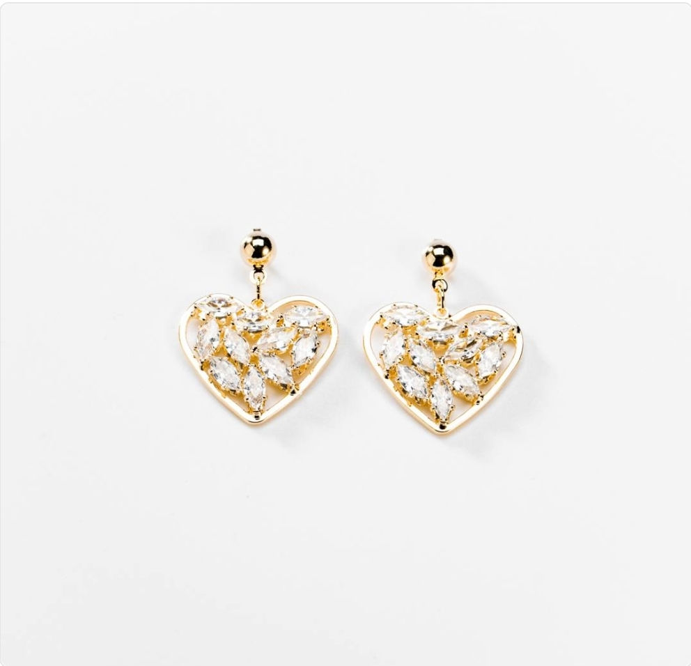 Pendants d'oreilles cœurs et zircons ovales plaqués or 24 carats BIGOD134