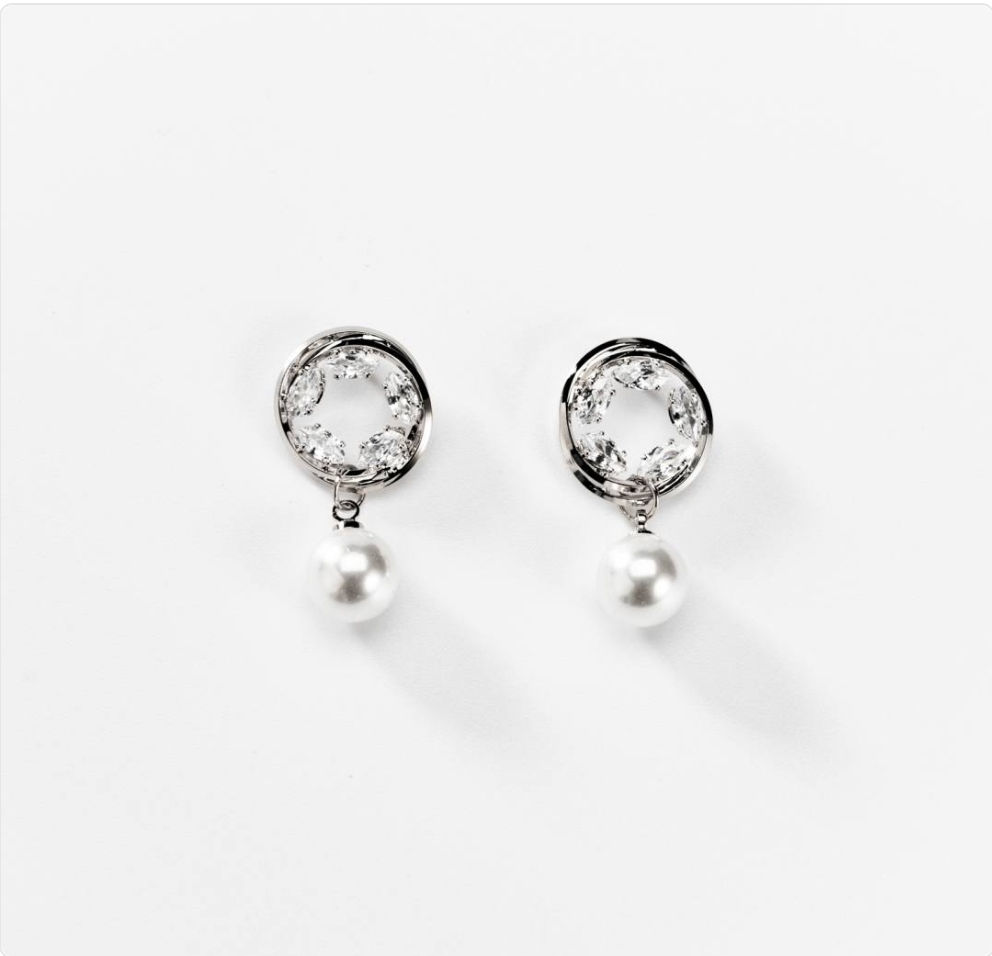 Pendants d'oreilles brillants et perle métal rhodié BIGOM178