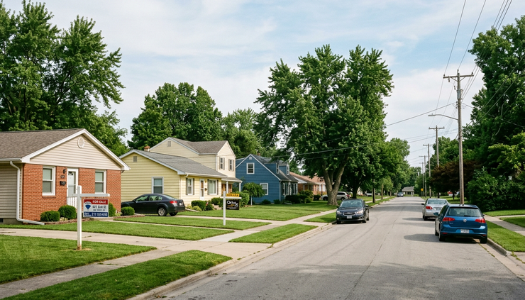 Wide-angle view of a quiet neighborhood street with several homes for sale.
