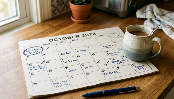 Close-up of a calendar with rent due dates and bill reminders marked in pen.
