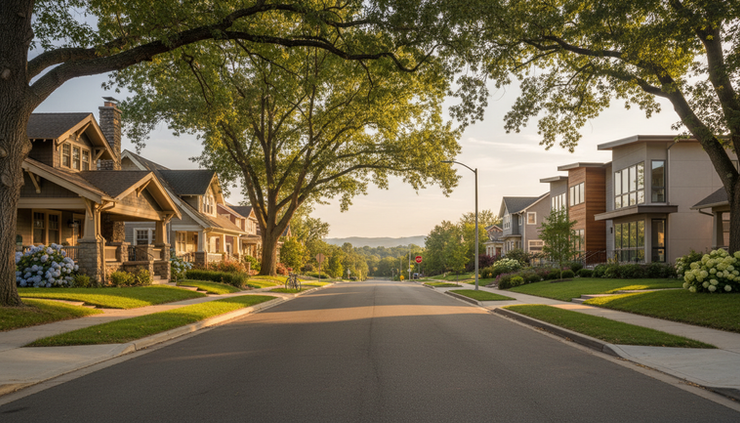 Wide-angle view of a quiet residential street with older homes and newer houses nearby