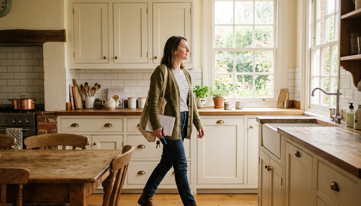 Eye-level view of a buyer walking through a bright kitchen in a home for sale.