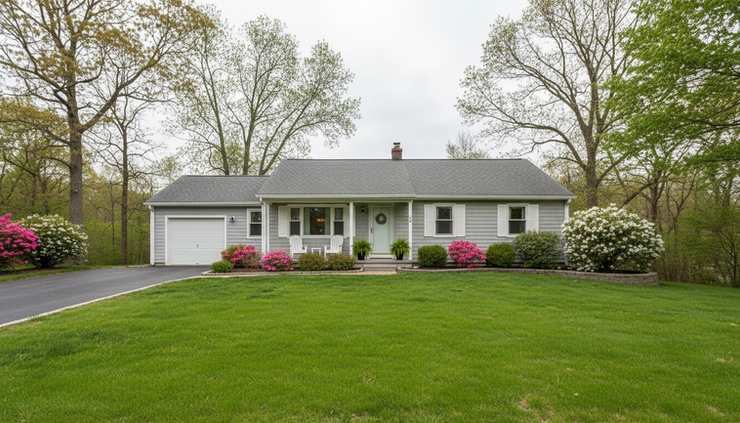 Wide-angle view of a modest home's front exterior with roof and porch visible