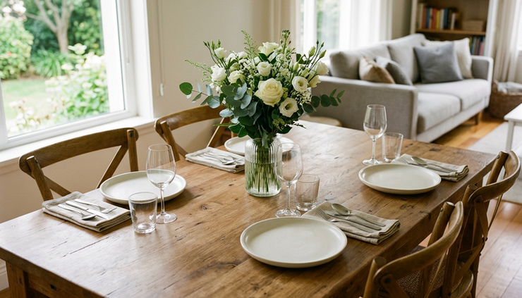 Close-up view of fresh flowers on a dining table inside a staged home.