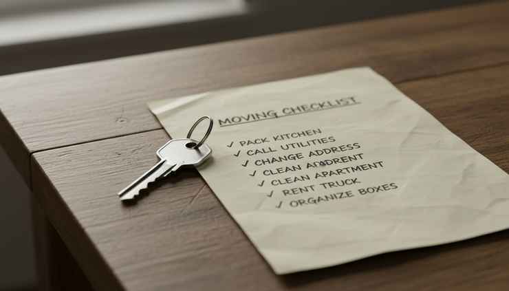 Close-up view of a house key resting beside a handwritten moving checklist.