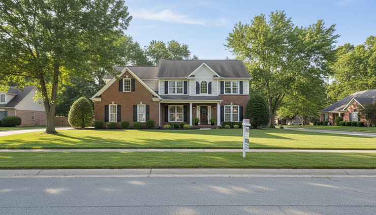 Wide-angle view of a suburban home with a for-sale sign near the front lawn.