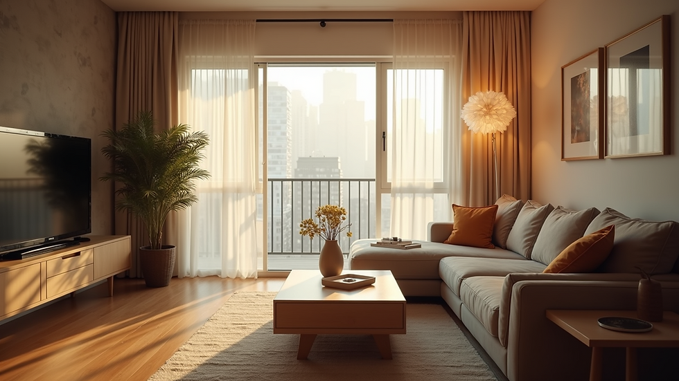 Eye-level view of a cozy living room with soft lighting