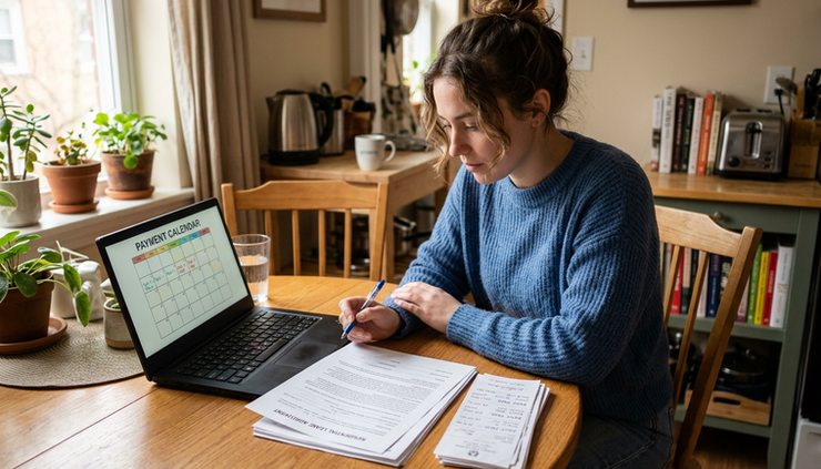 Eye-level view of a renter reviewing a lease and monthly payment records at a kitchen table.